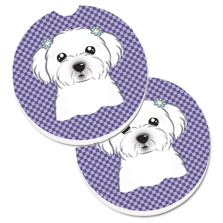 Carolines Treasures Purple Checkered Maltese Set of 2 Cup Holder Car Coaster BB1134CARC